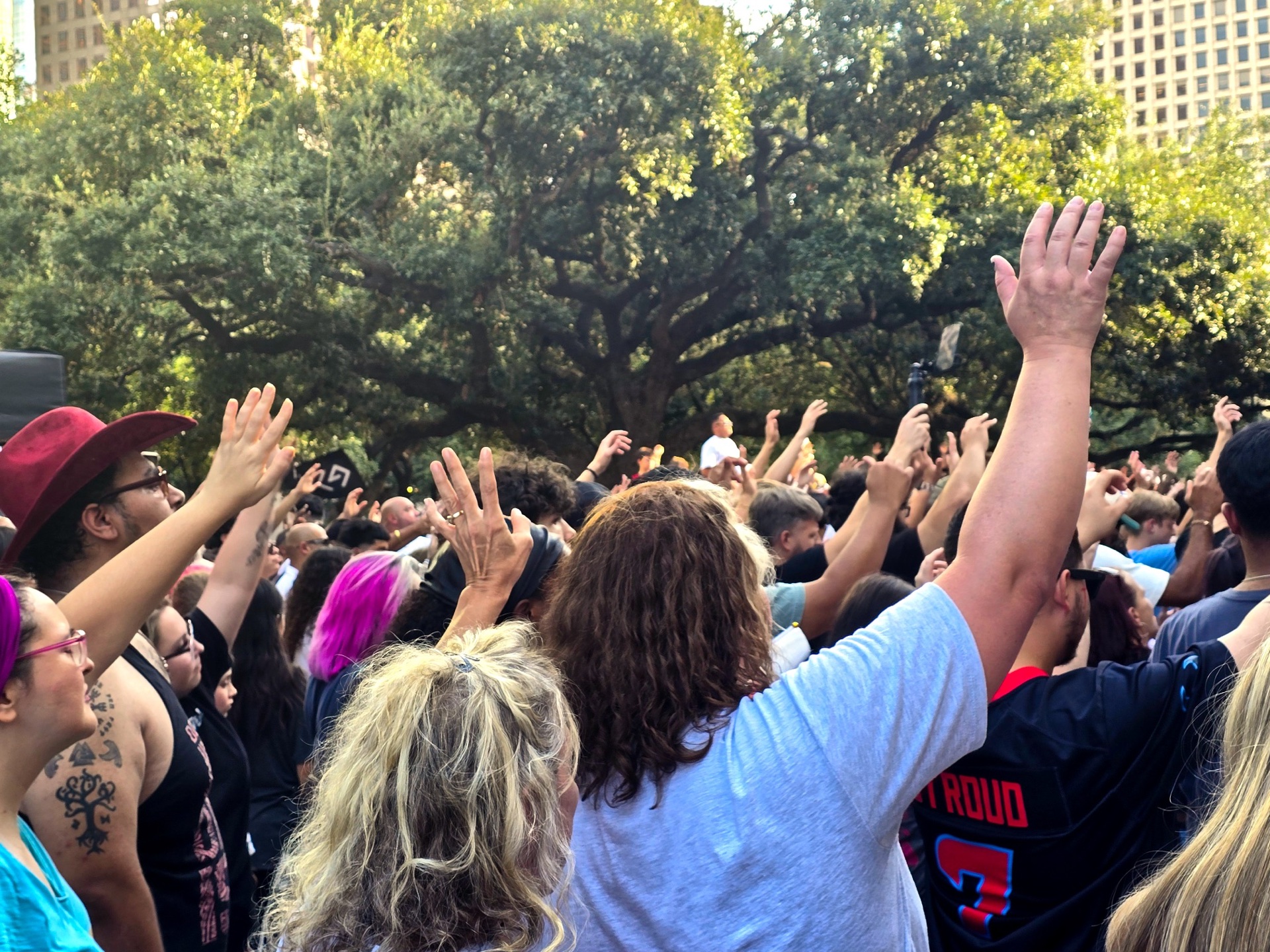 People with raised hands at an outdoor gathering
