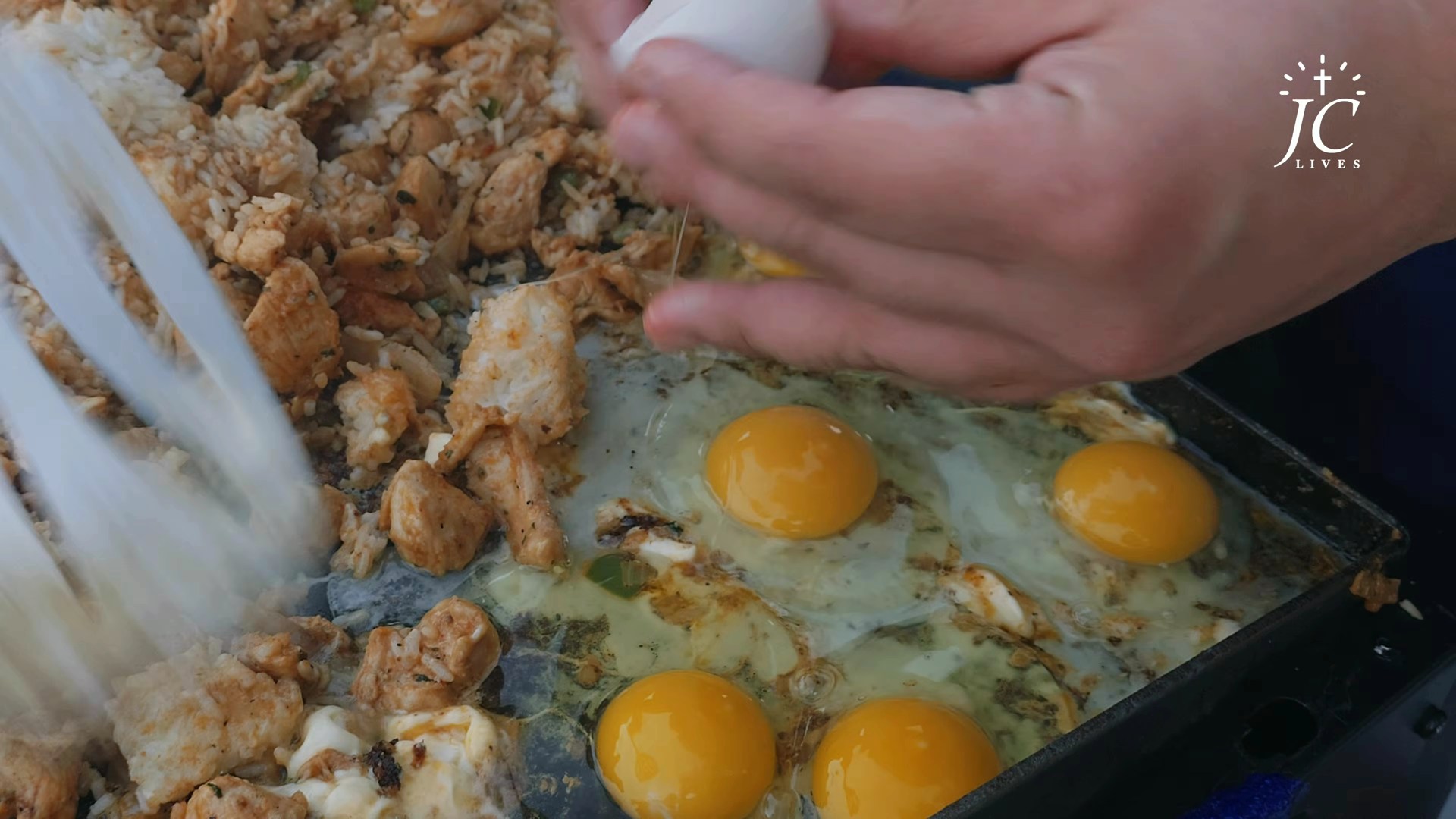 Preparing the chicken and rice filling