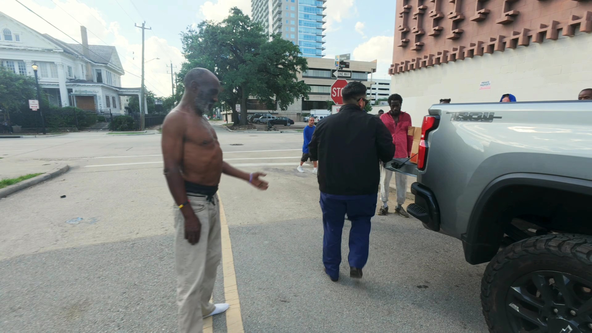 Meeting neighbors beside the truck
