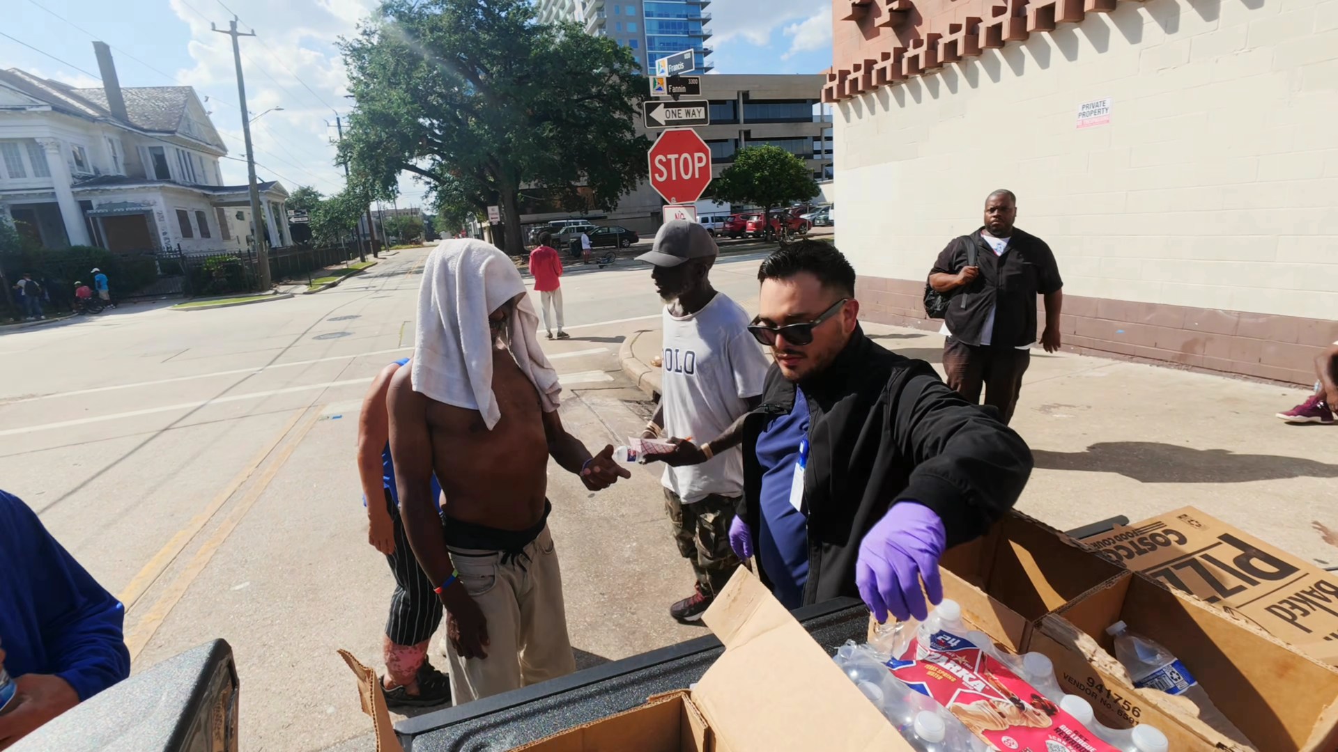 Handing out bottled water